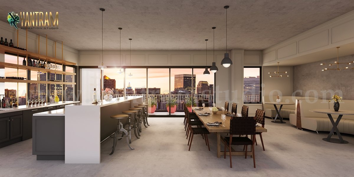 Kitchen Living Community Apartment by 3d interior rendering company New York
