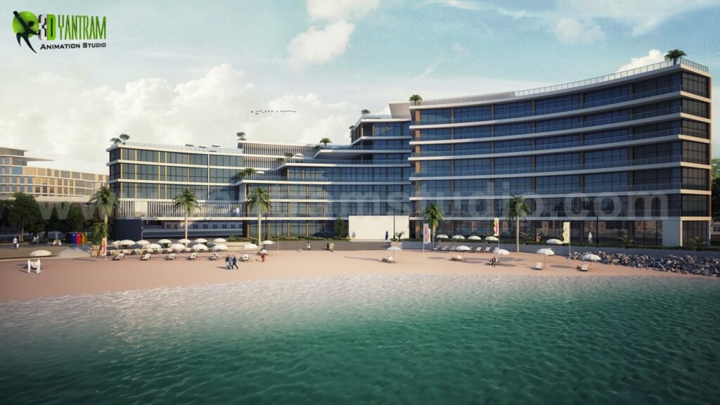 Modern 3D Exterior Beach Side Hotel View Design of architectural rendering service, Dubai – UAE