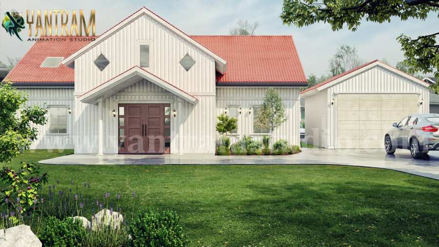 Modern Farmhouse exterior rendering services with Frontyard Landscape Design by architectural rendering companies, Doha – Qatar