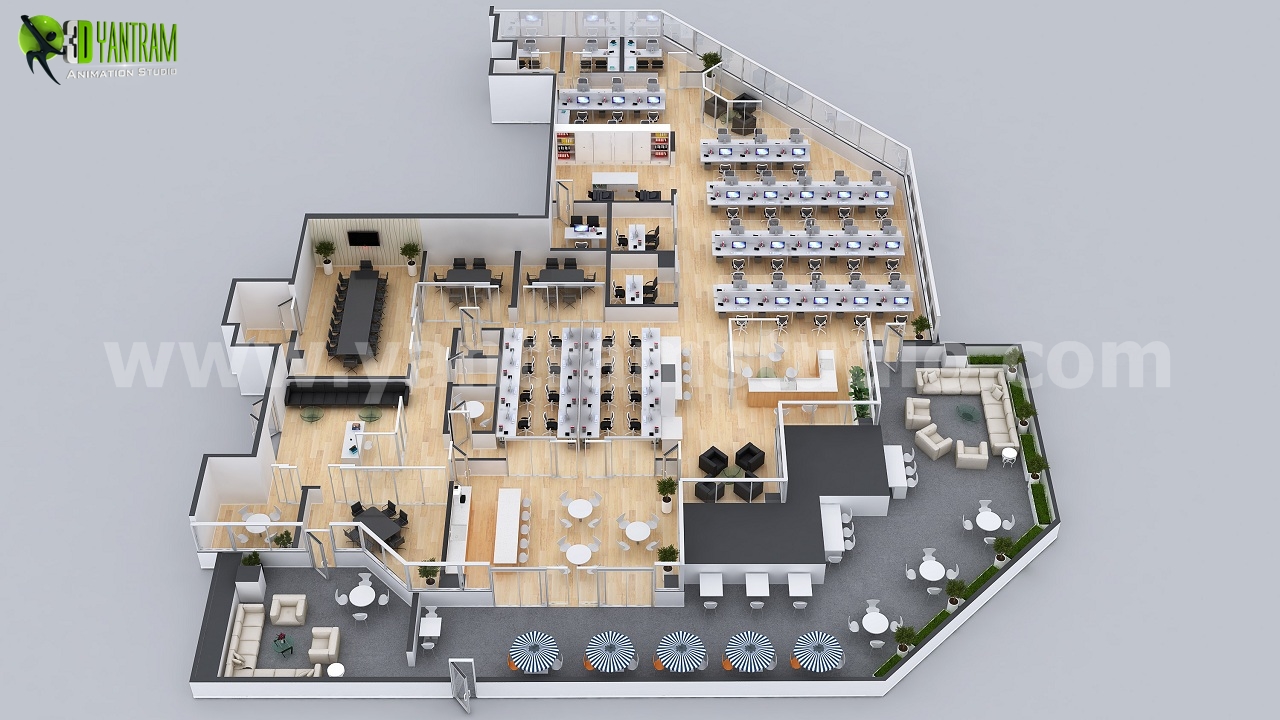3d Floor Plan Commercial for modern office Developed By Yantram Architectural Modeling Firm-Madrid, Spain
