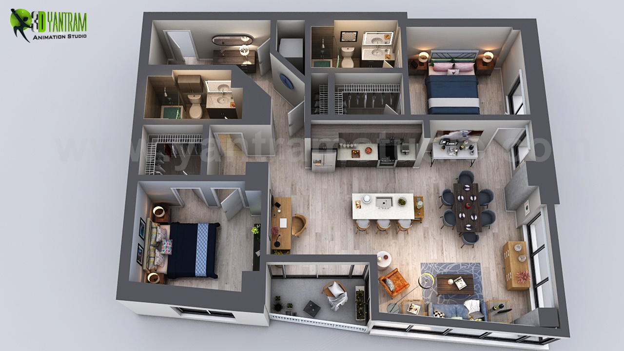 Unique Residential Apartment 3D Floor design Ideas by Yantram 3D Home Floor Plan Design, San Diego – USA