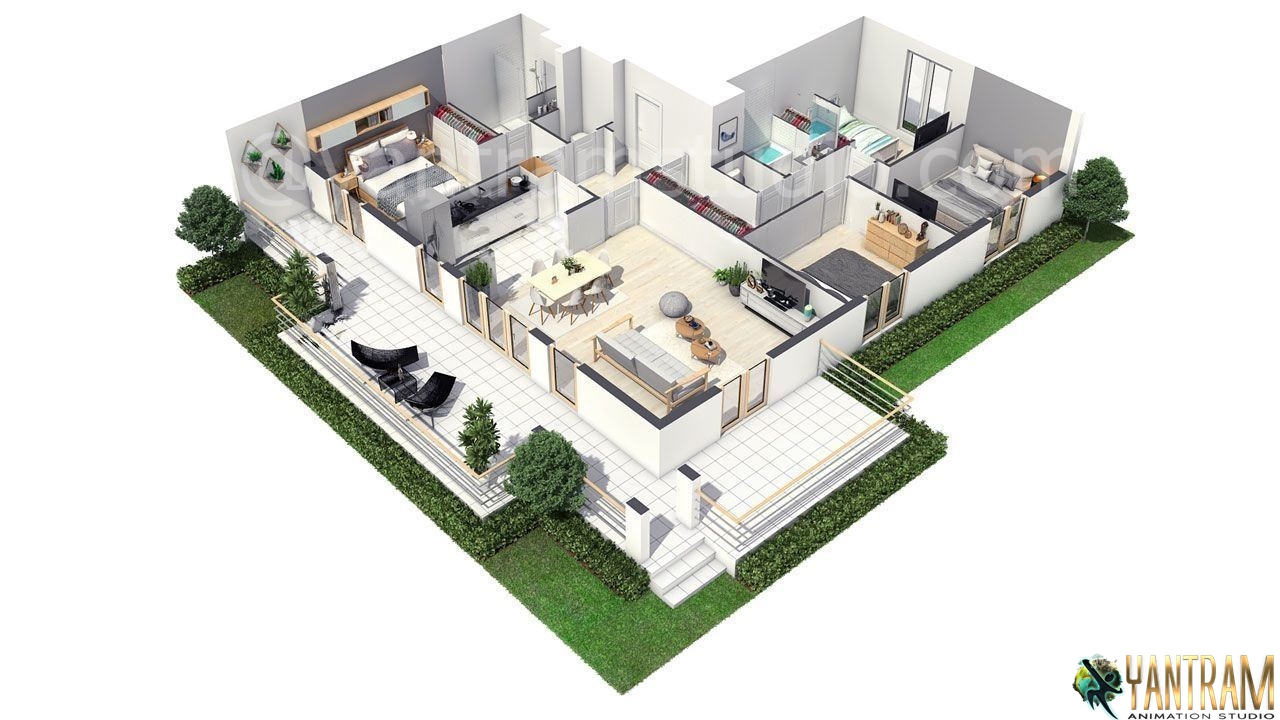 3D Floor Plan Rendering proffered for a house apartment in California by 3D Animation Studio