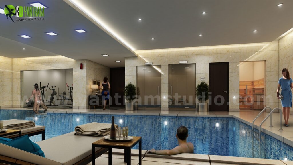 3D Architectural Walkthroughs, interior design, swimming pool view, indoor pool, basement pool idea, indoor pool