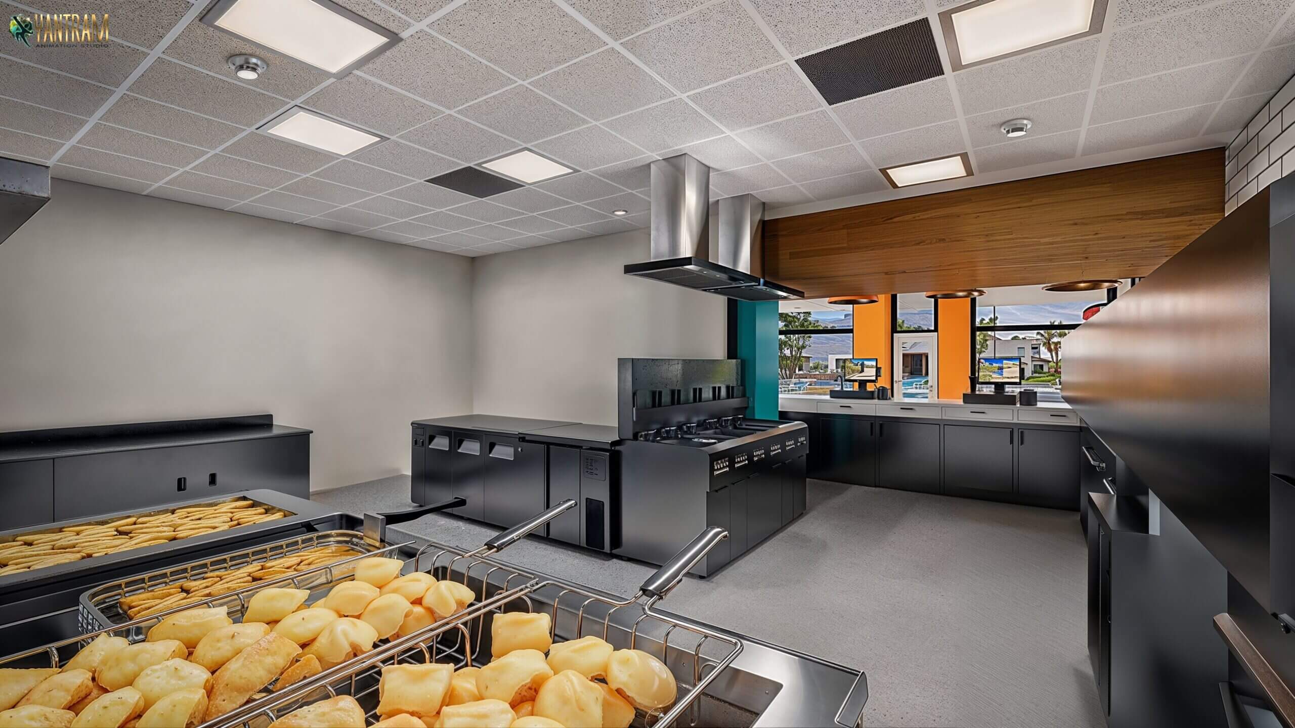 Visualizing Flavor 3D Interior Designs for Chicken Shop Kitchen Areas