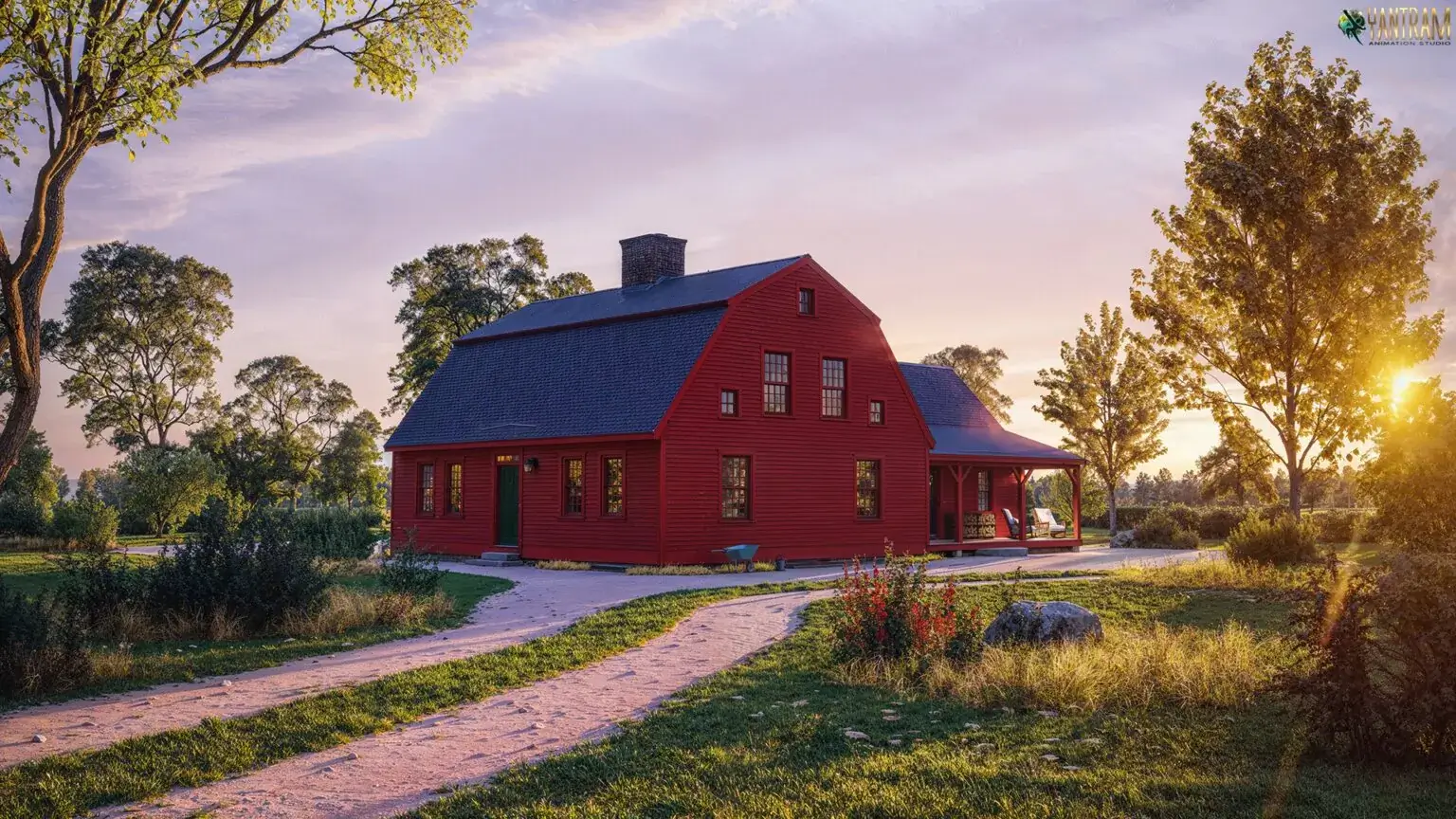 Captivating 3D Architectural Rendering Company in Springfield, Idaho: Red House Design for Country-Rural Living