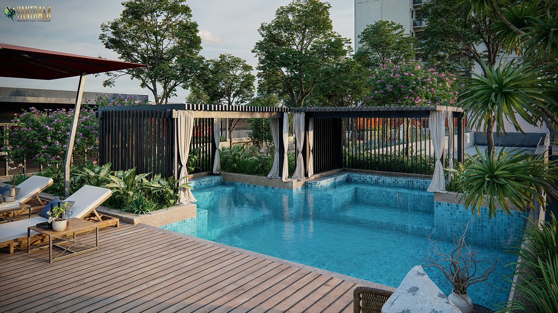 Elevate Your Landscape with 3D Architectural Visualization Exquisite Plantation and Pool Design Services