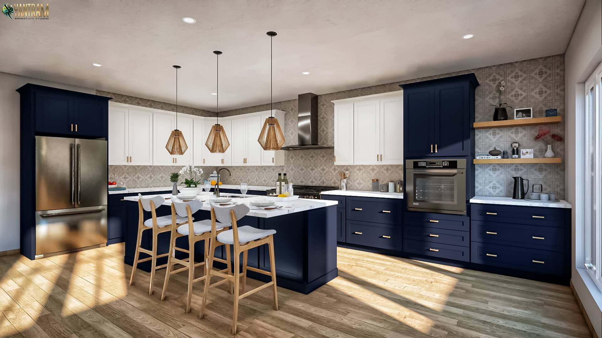 Revitalize Your Culinary Space 3D Architectural Visualization for Stunning Blue Kitchen Designs