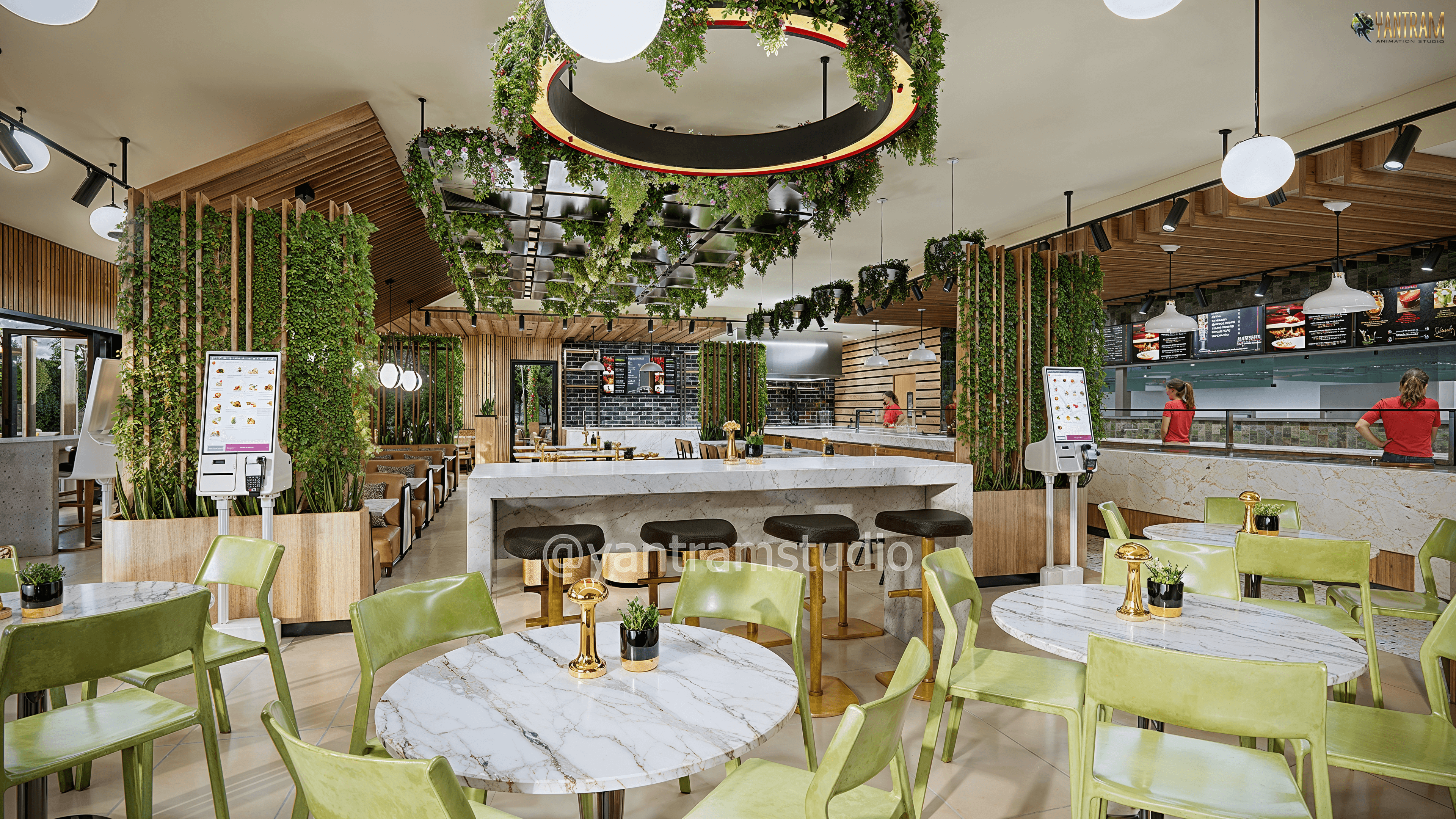 Immersive 3D Architectural Animation Transforming Restaurant Interiors with Lush, Modern Designs