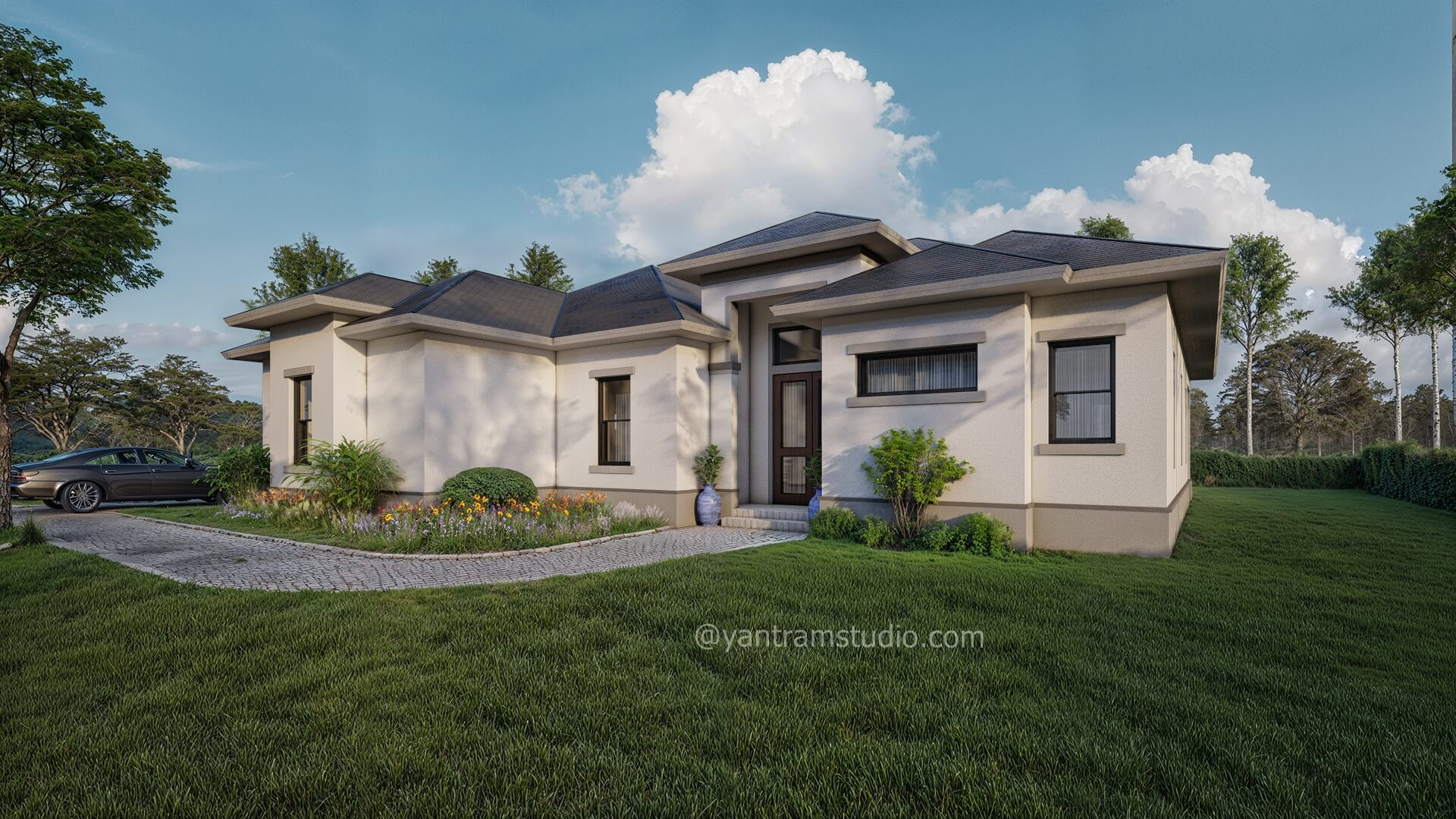 Expert 3D Architectural Rendering for Bungalow Exterior Parking Landsaping and Elegant Design Solutions