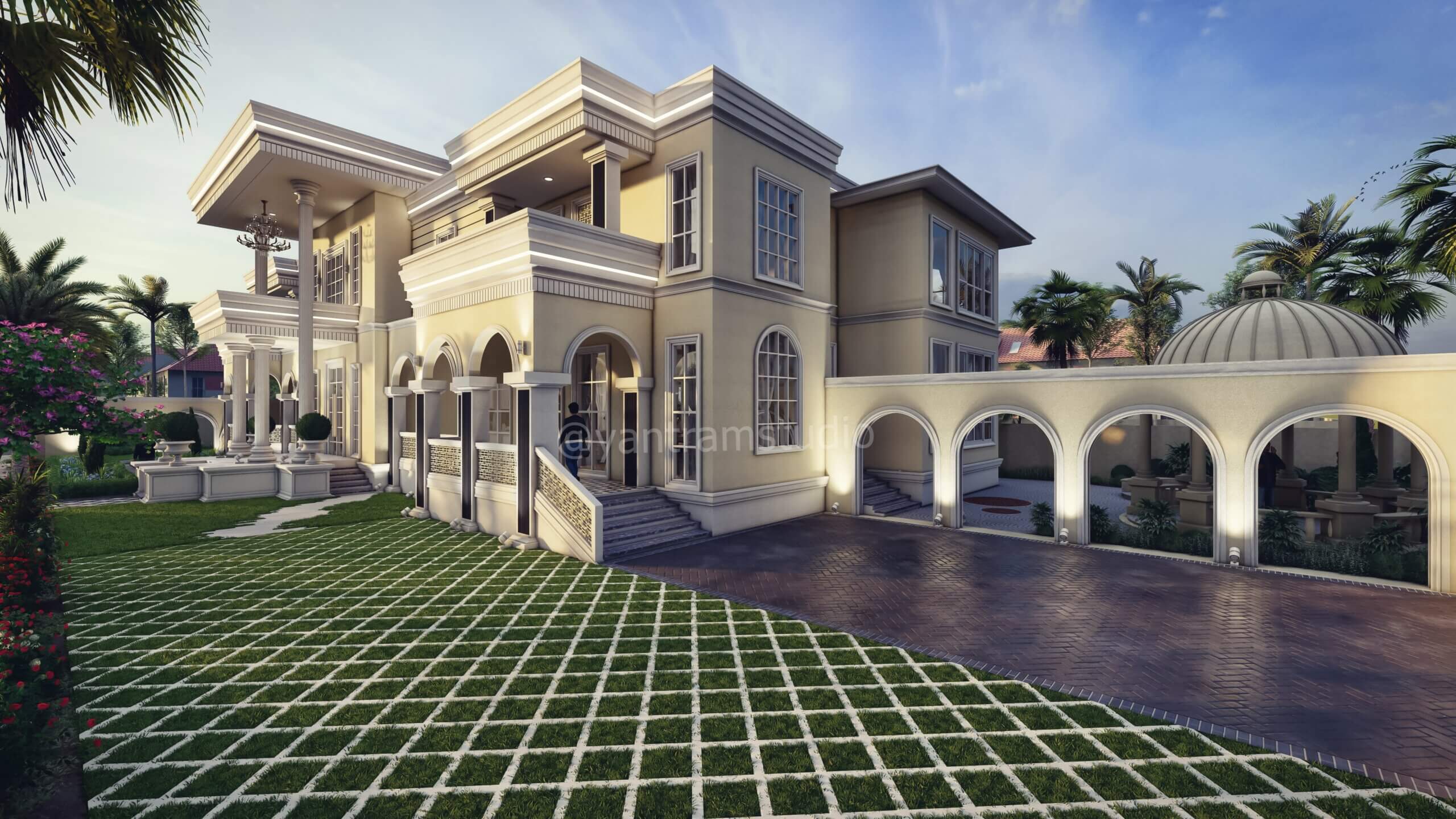 3D Architectural Visualization Services Exterior Right Side View with Beautiful Garden Design