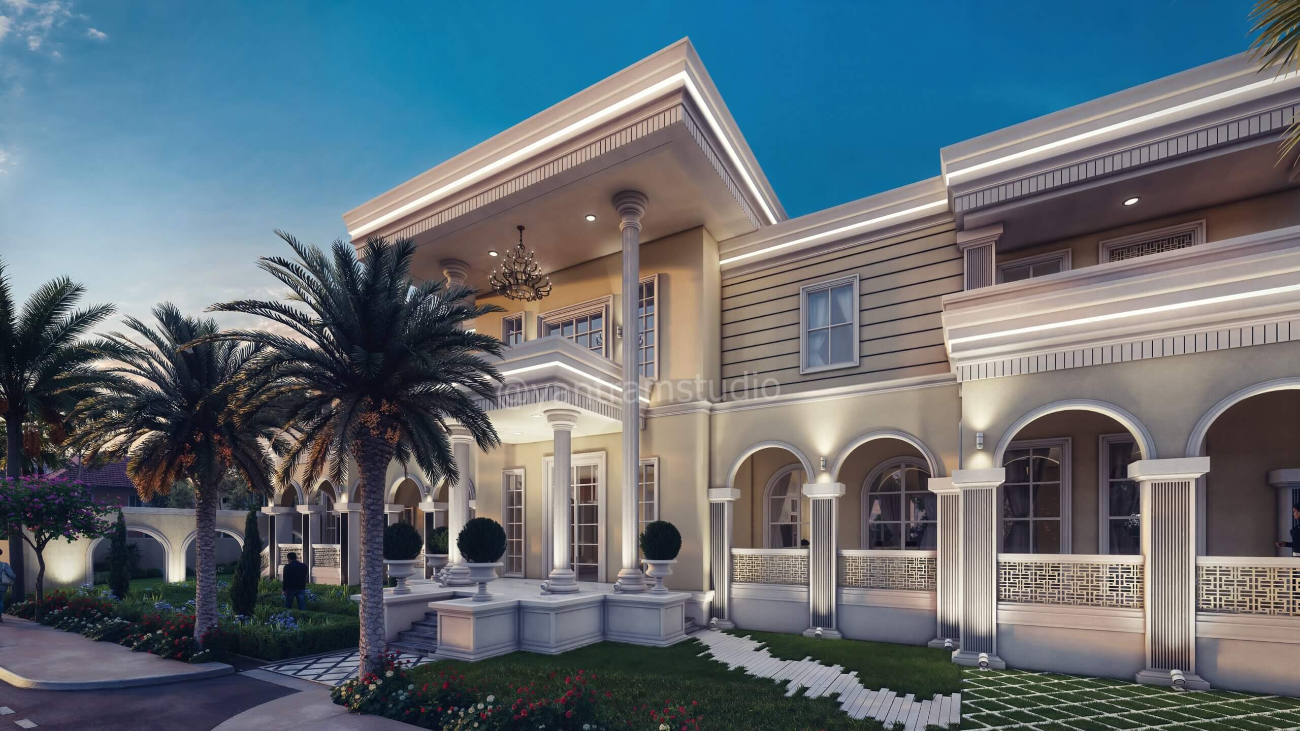 Stunning Exterior Rendering House Right Side View with Beautiful Garden and Pool Design