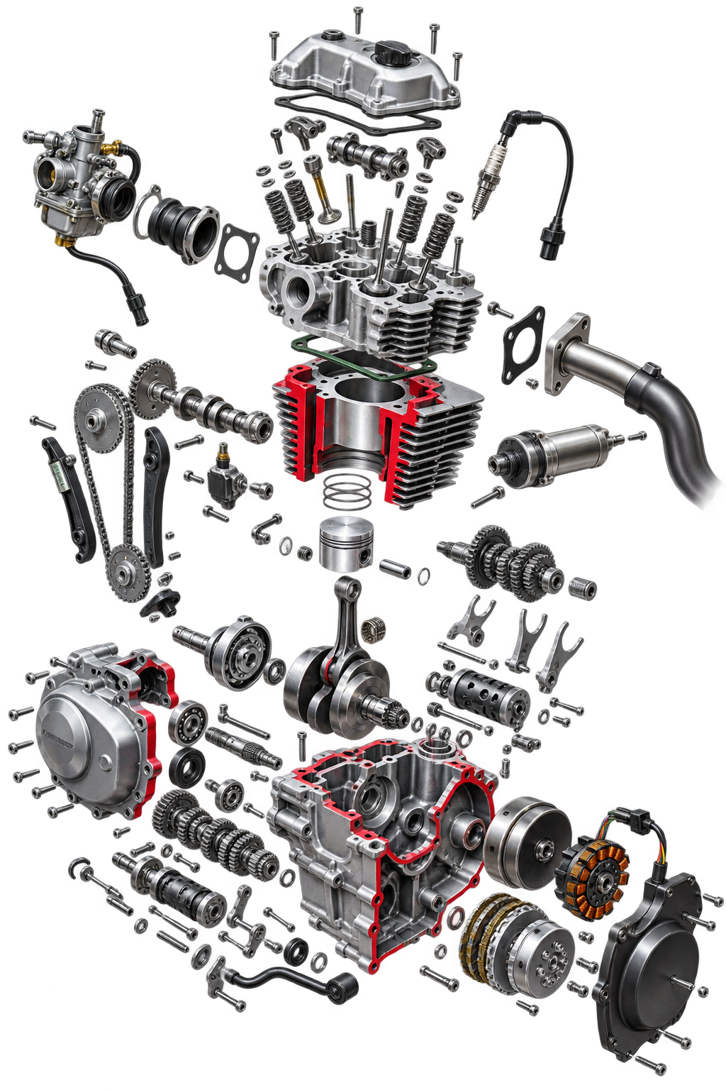 Full product render of a motorcycle engine in vertical format