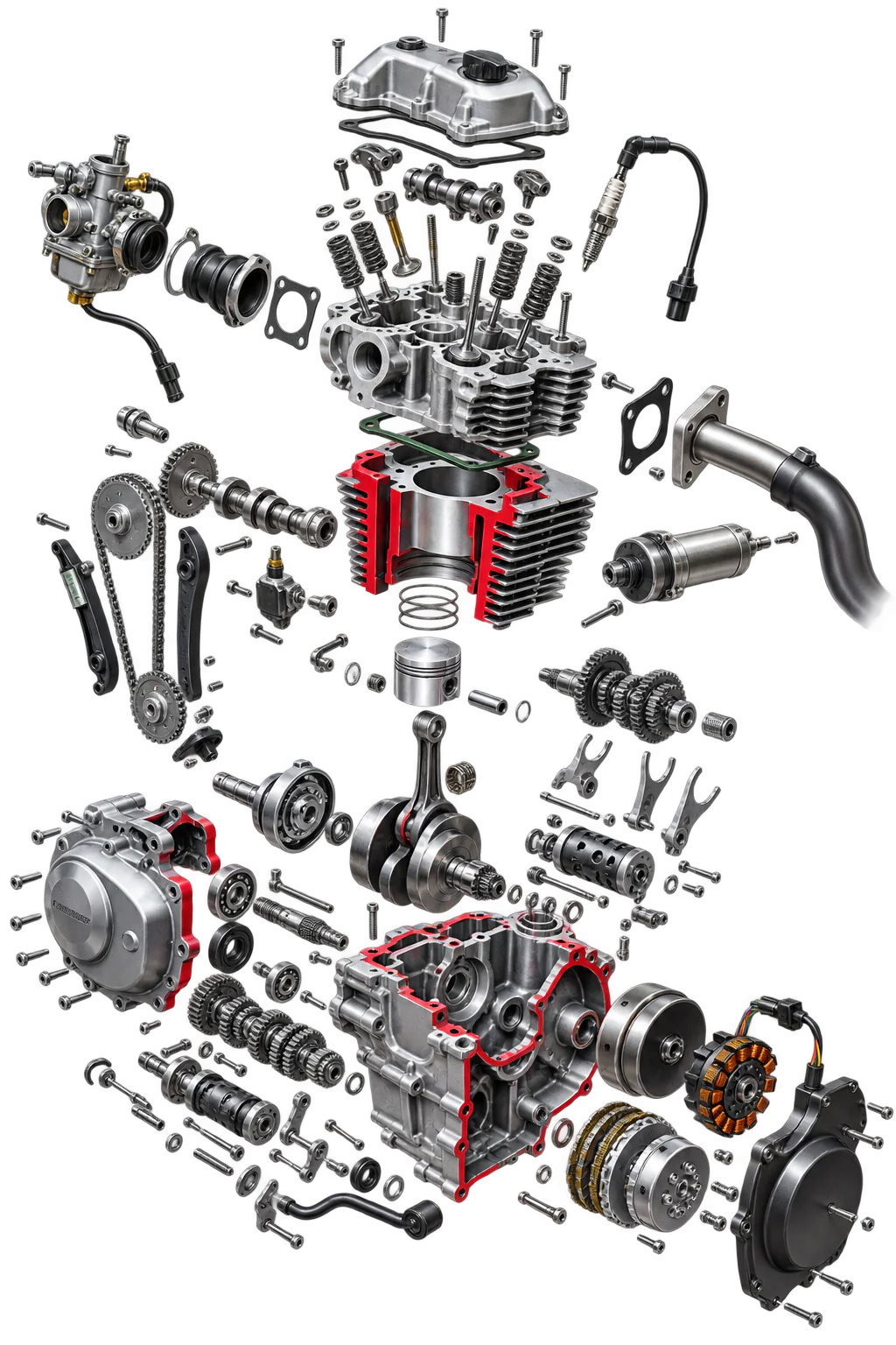 Exploded 3D view of a motorcycle engine and precision mechanical components