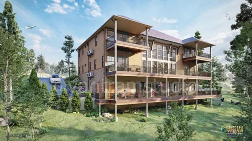 3D Architectural visualization of villa home house back yard wood landscape design idea studio Visualization