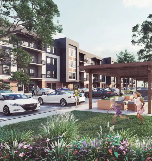 3d architectural visualization studio rendering services apartment condominium design idea exterior parcking landscap