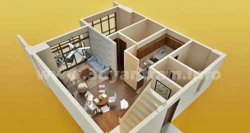 Furnished 3D floor plan of a 500 sq ft one bedroom apartment