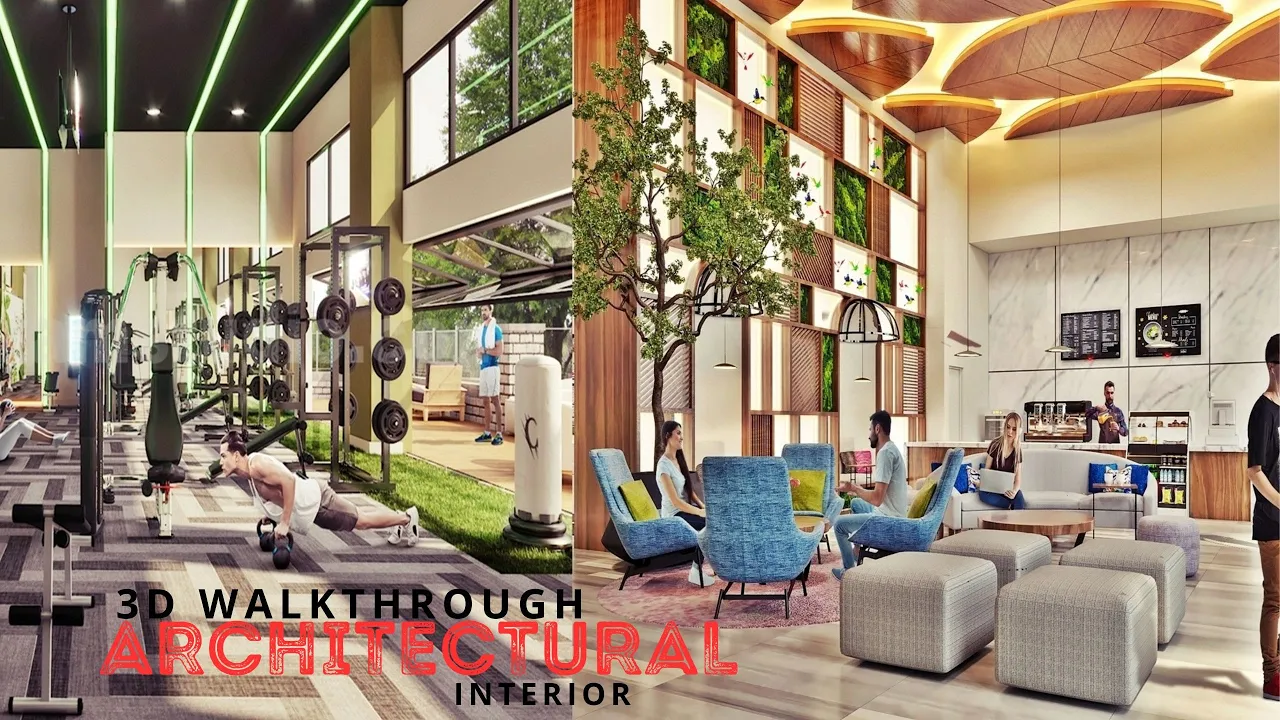 Architectural virtual tour 3D Walkthrough for residential Apartment Interior Gym Pool Views