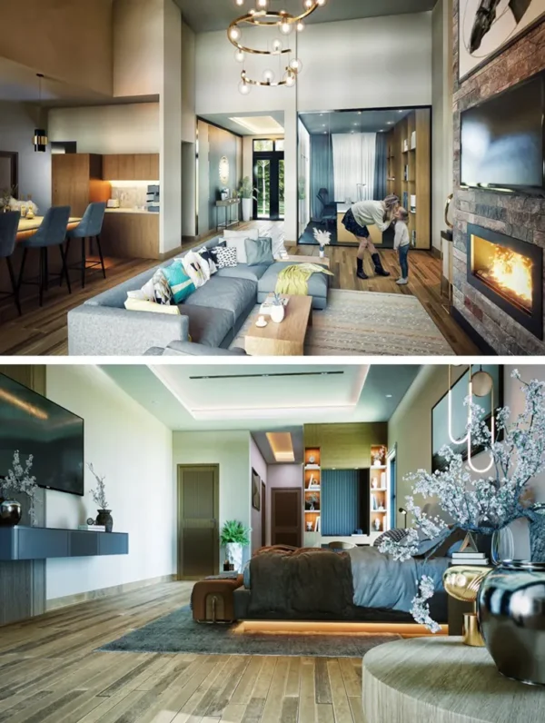 Home house villa 3d interior rendering Livingroom bedroom Design view Idea
