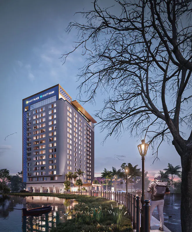 Hyatt hotel resort High Rise Dusk View night view exterior building design Ideas 3d architectural animation company services