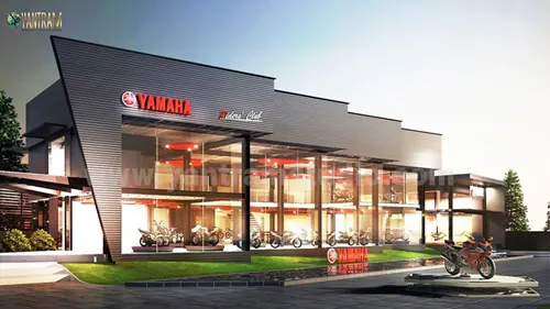 exterior yamaha Vehical Pod showroom concept of 3d architectural visualisation by 3d rendering services