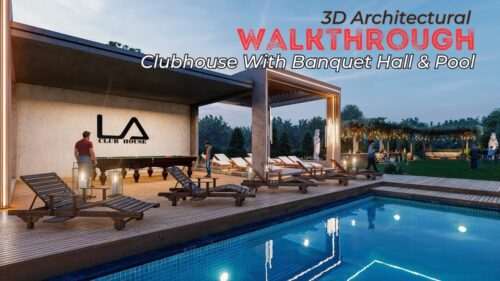 3D Walkthrough Clubhouse pool side restaurant Designs Interior Exterior Views desing idea