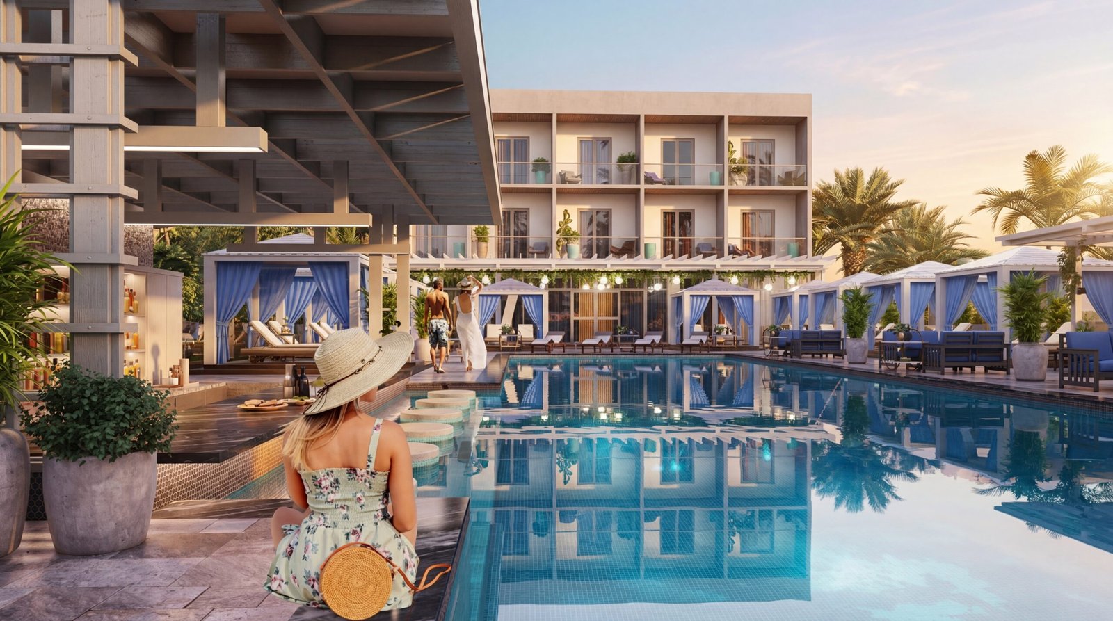 3D exterior rendering USA luxury resort courtyard with swimming pool, cabanas, modern hotel architecture, and evening ambiance