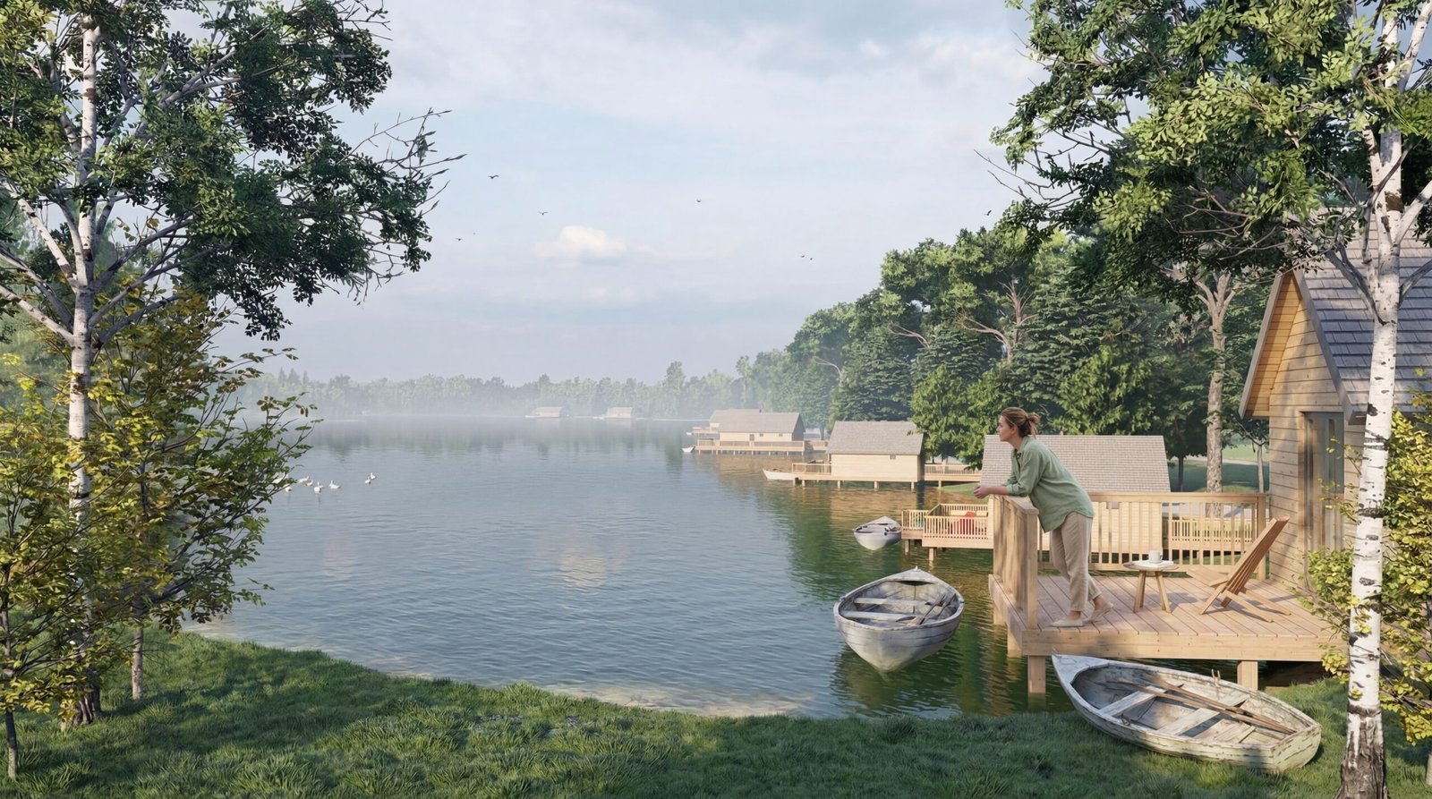 USA lakeside cottage 3D rendering with wooden cabins, calm lake view, boat dock, and lush green forest surroundings