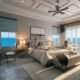 Luxury ocean-view bedroom interior with modern furniture and natural sunlight, showcasing photorealistic 3D interior rendering for California real estate marketing.