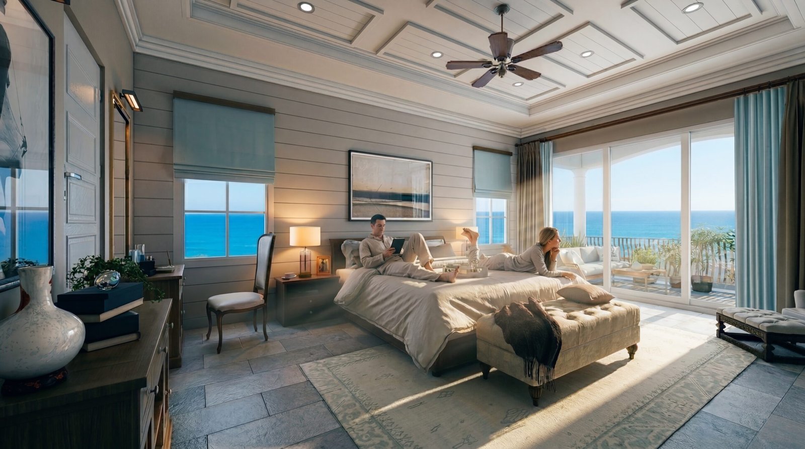 Luxury ocean-view bedroom interior with modern furniture and natural sunlight, showcasing photorealistic 3D interior rendering for California real estate marketing.