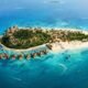 3D architectural trends USA luxury island resort rendering with overwater villas, tropical landscape, turquoise ocean, and modern resort planning