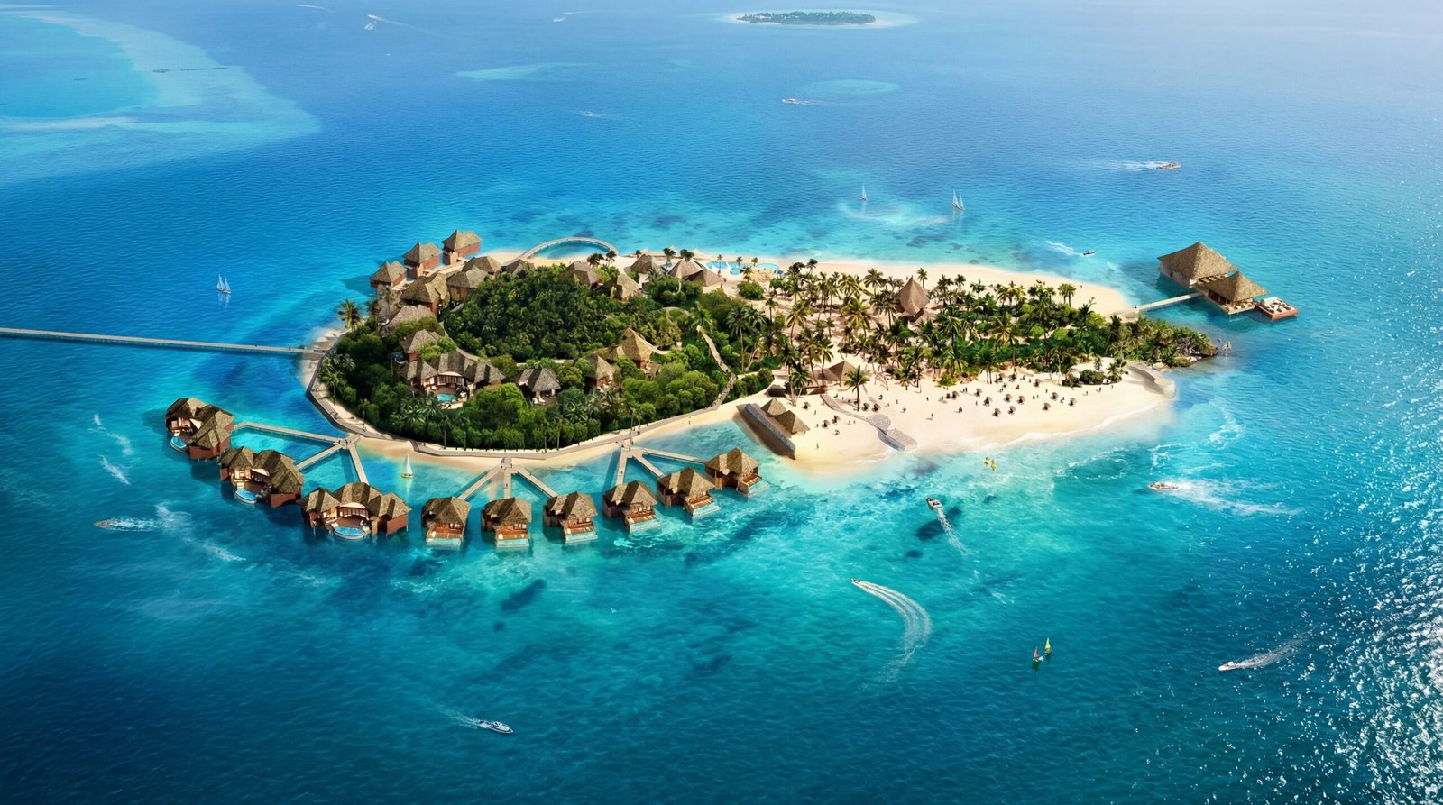 Aerial bird view 3D rendering of a luxury island resort masterplan in the USA