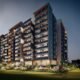 modern apartment exterior 3D visualization at night with illuminated balconies, landscaped surroundings, and contemporary residential architecture
