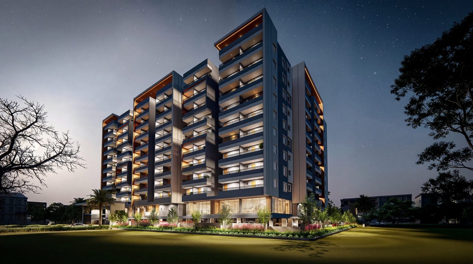 modern apartment exterior 3D visualization at night with illuminated balconies, landscaped surroundings, and contemporary residential architecture