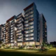 3D exterior rendering of a modern apartment building at night with illuminated balconies, landscaped surroundings, and contemporary architectural design.