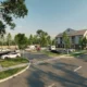 3D rendering of a suburban residential community with modern houses, landscaped streets, and parked cars.
