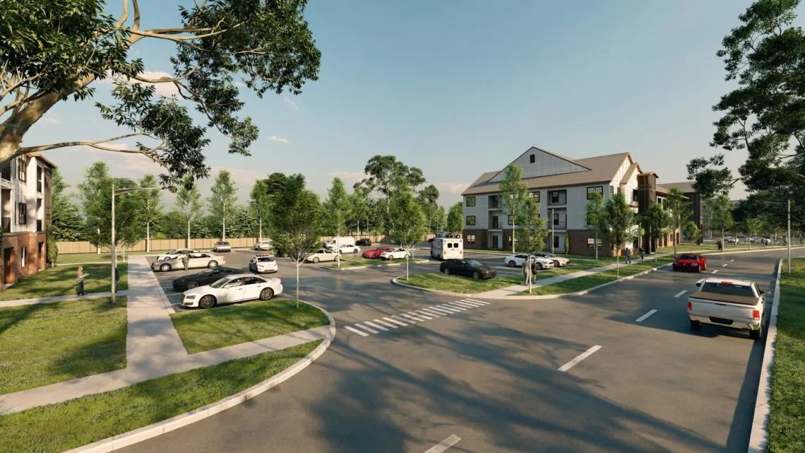 3D rendering of a suburban residential community with modern houses, landscaped streets, and parked cars.