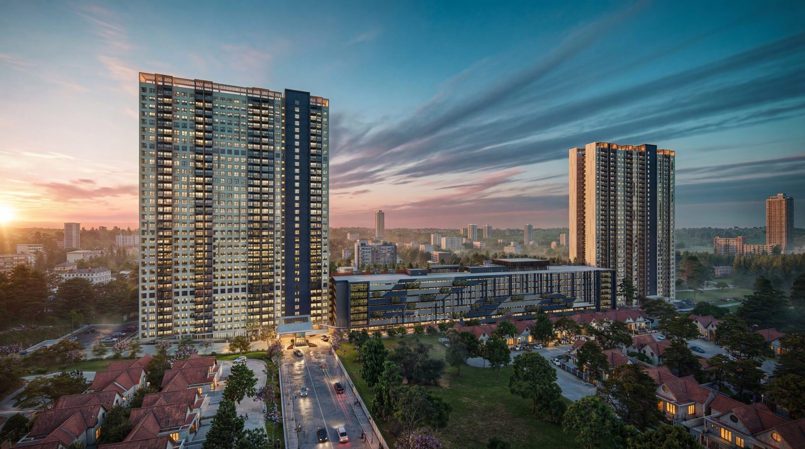 Modern high-rise residential towers with integrated commercial podium and landscaped surroundings at sunset, showcasing realistic 3D architectural walkthrough visualization for real estate marketing in Texas.