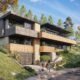 modern hillside luxury villa USA 3D rendering with contemporary architecture, wooden cladding, stone facade, and landscaped sloped terrain