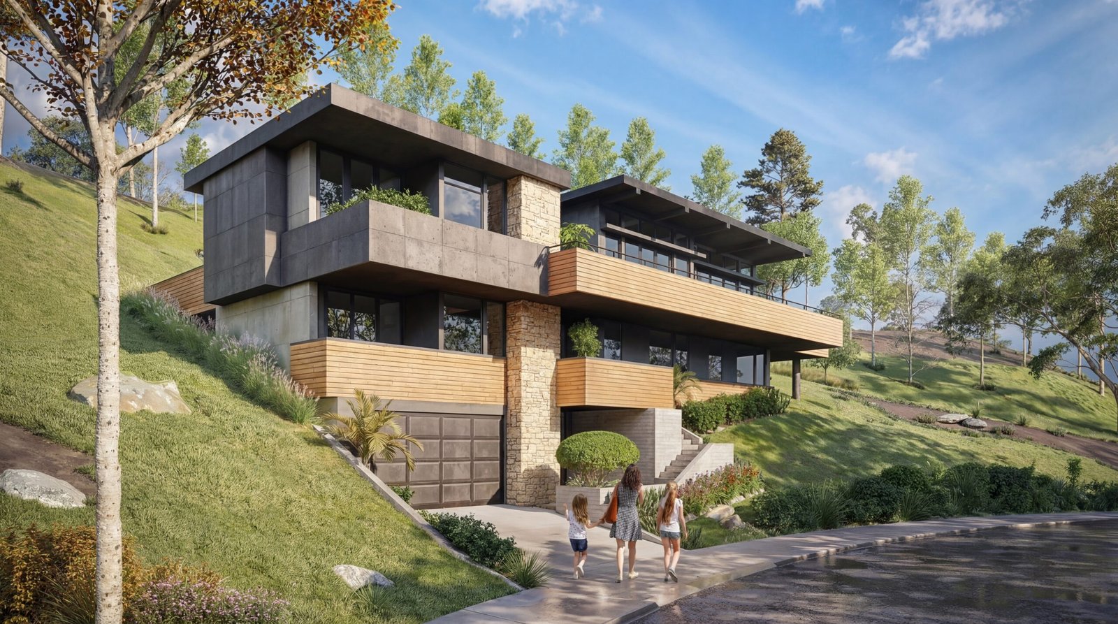 modern hillside luxury villa USA 3D rendering with contemporary architecture, wooden cladding, stone facade, and landscaped sloped terrain