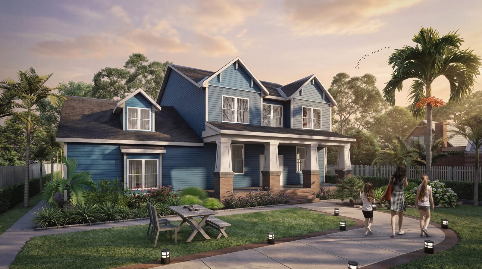 USA 3D digital twin of suburban residential house with landscaped garden, outdoor seating area, pathway lighting, and realistic architectural visualization