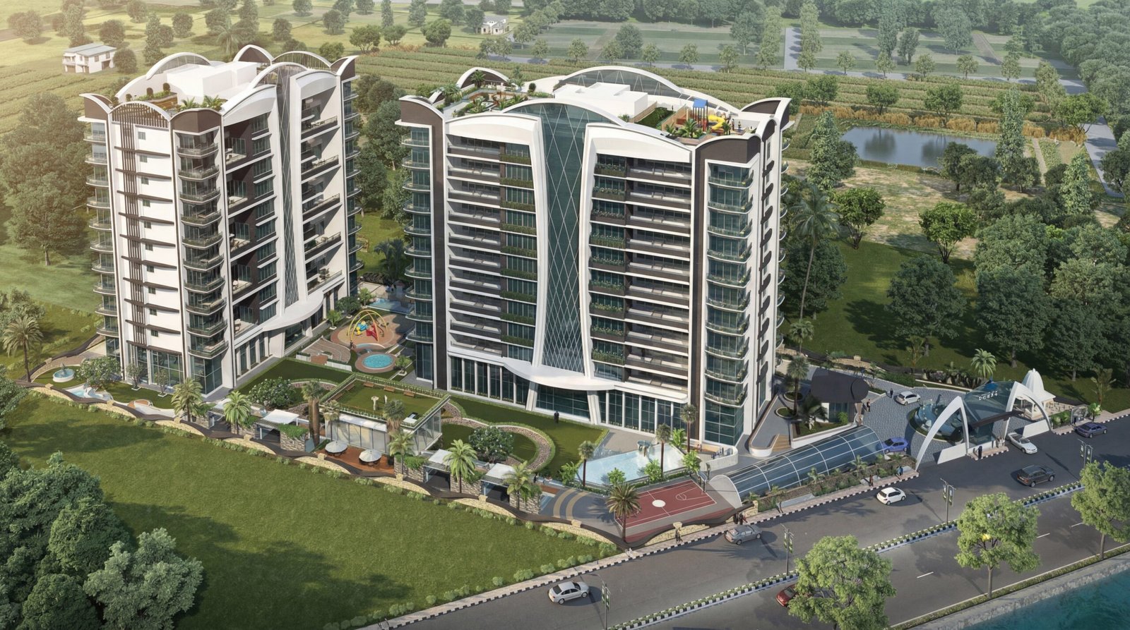 USA 3D rendering of modern residential apartment complex with twin towers, landscaped gardens, rooftop amenities, and urban infrastructure