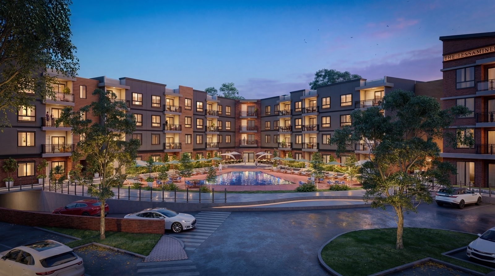 real-time 3D rendering USA of modern residential courtyard with central swimming pool, apartment buildings, landscaped seating, and outdoor amenities