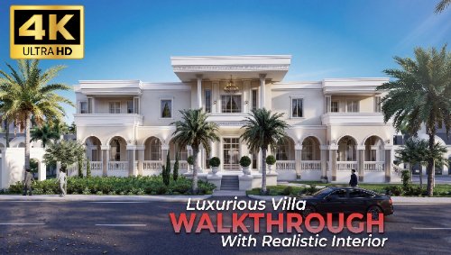 3D walkthrough luxurious villa exterior render with grand facade, arched architecture, palm landscaping, and premium residential design