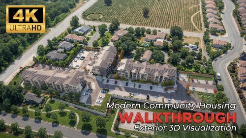 3D walkthrough modern community housing aerial view with residential layout, roads, green spaces, and planned neighborhood infrastructure