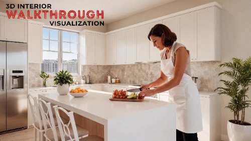3D walkthrough modern kitchen interior with white cabinets, island counter, natural lighting, and contemporary home design