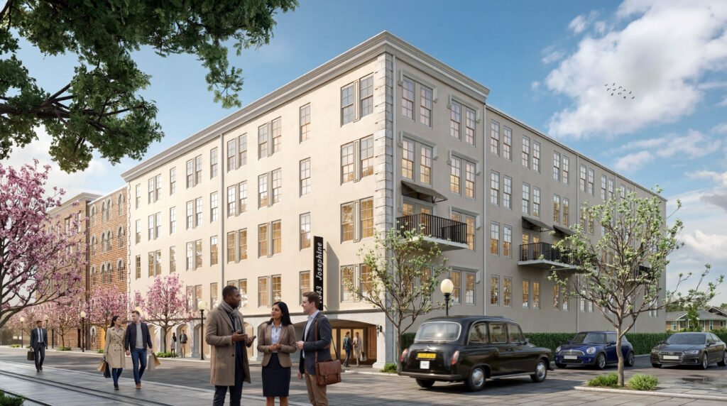 commercial apartment building 3d rendering london uk urban development — 3D Architectural Rendering Uk London