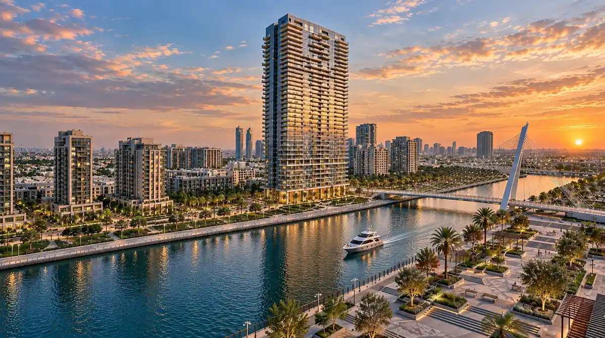3D exterior rendering of a waterfront high-rise residential tower in Dubai