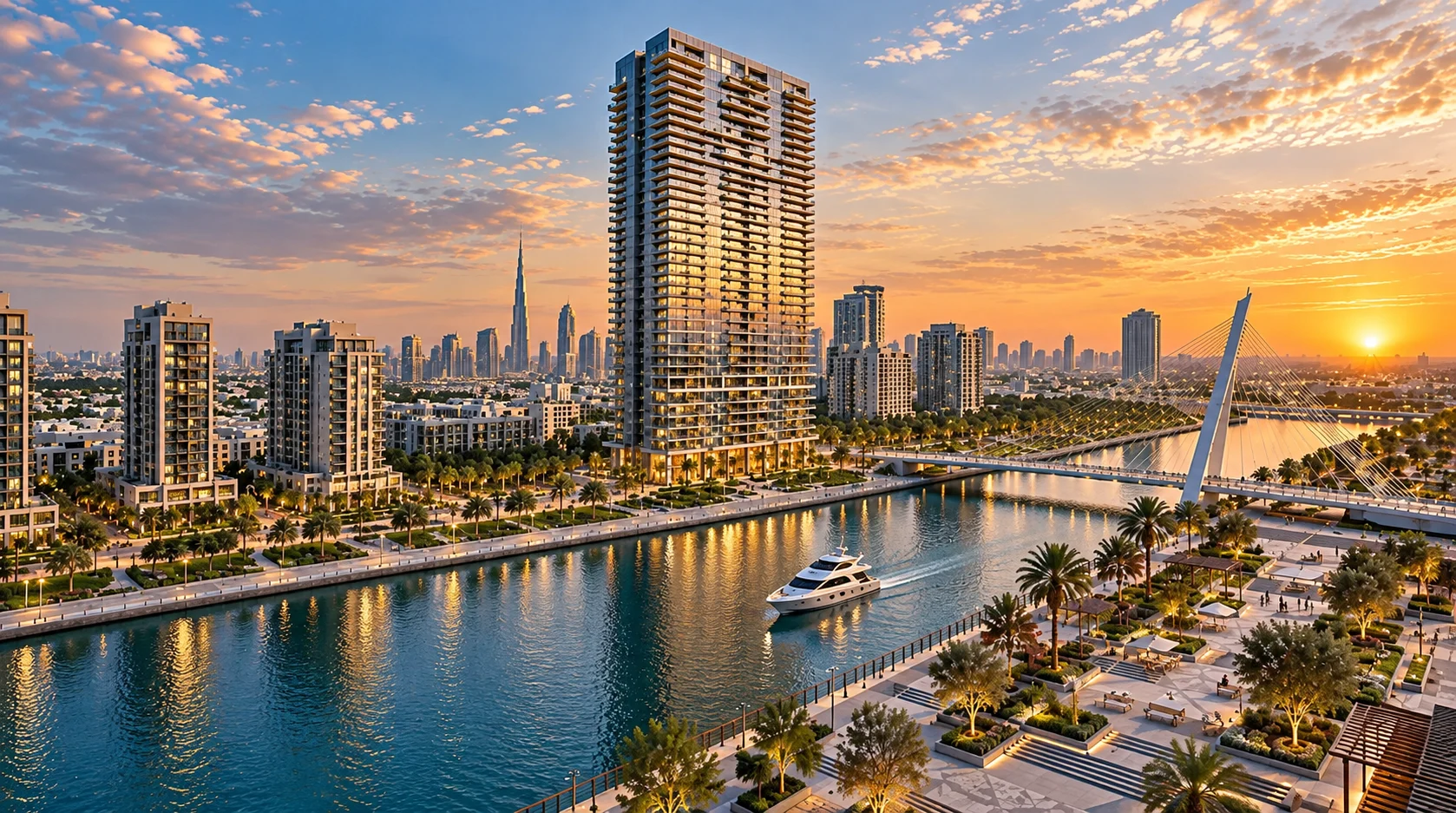 3D exterior rendering of a waterfront high-rise residential tower in Dubai