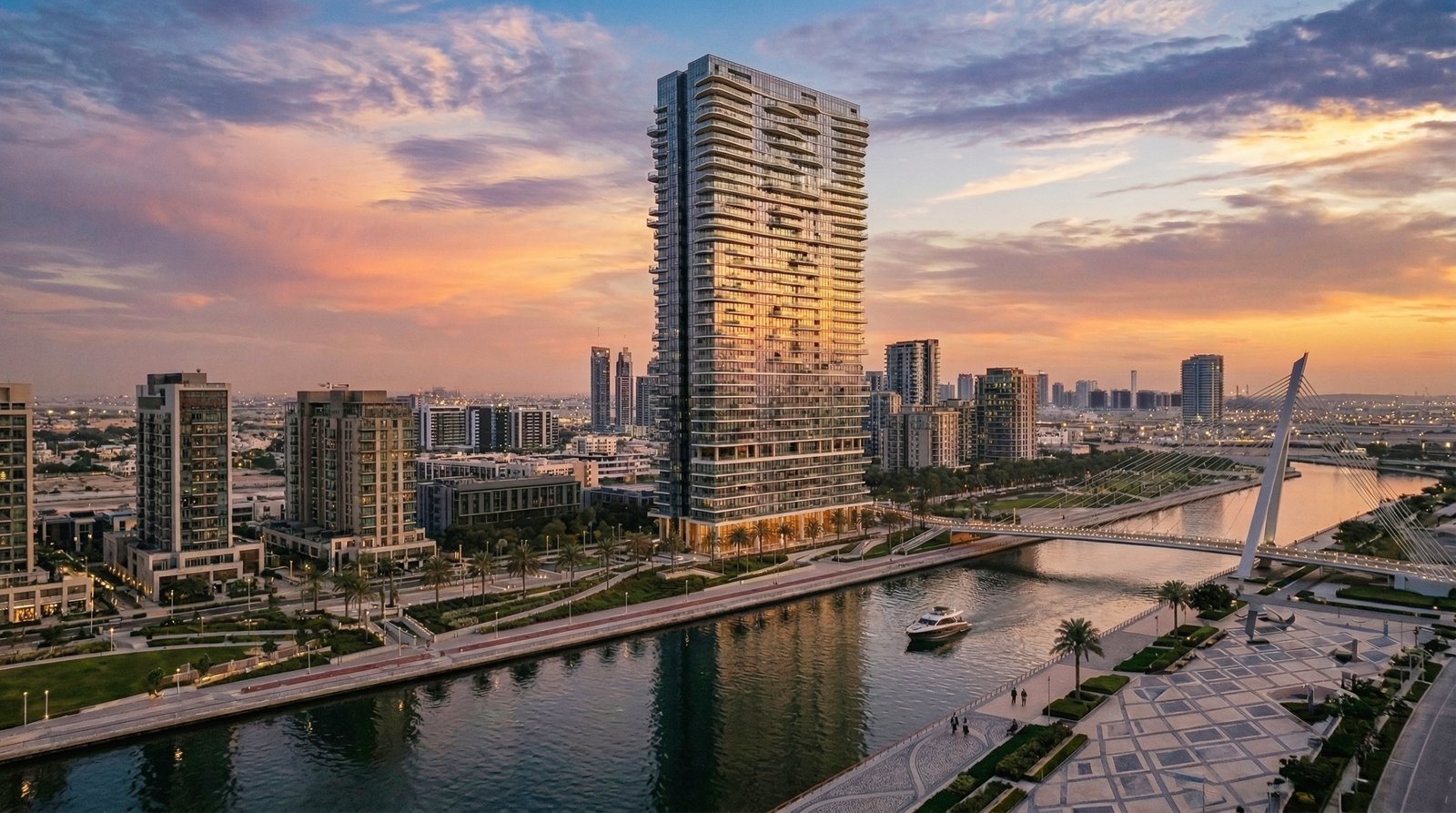 3D exterior rendering of a waterfront high-rise residential tower in Dubai