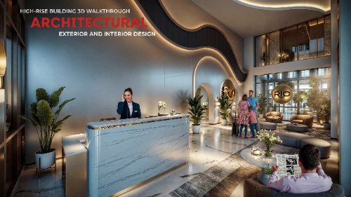 3D walkthrough of high-rise building showcasing architectural exterior and interior design by Yantyram Studio – comprehensive architectural visualization for modern commercial or residential towers.